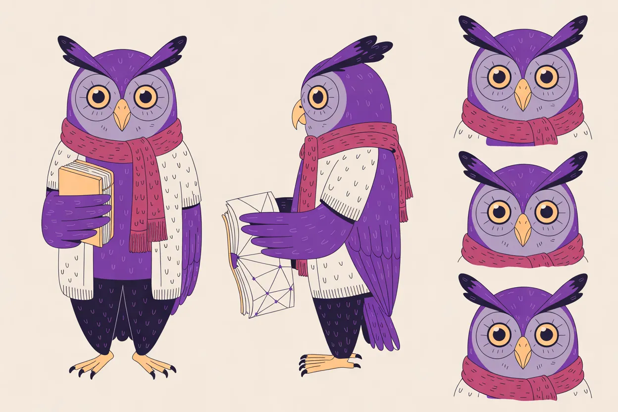 The Night Owl character sheet on a warm cream background: a front view holding a book, a three-quarter view holding a star map, and three close-ups of its face