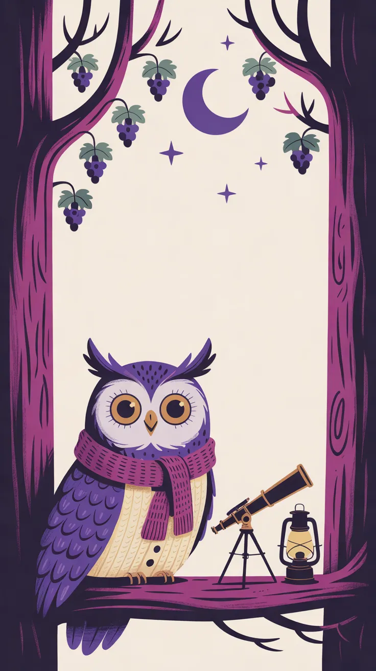 The Night Owl perched on a redwood branch beside a small telescope and a lantern, under a crescent moon and hanging grapes