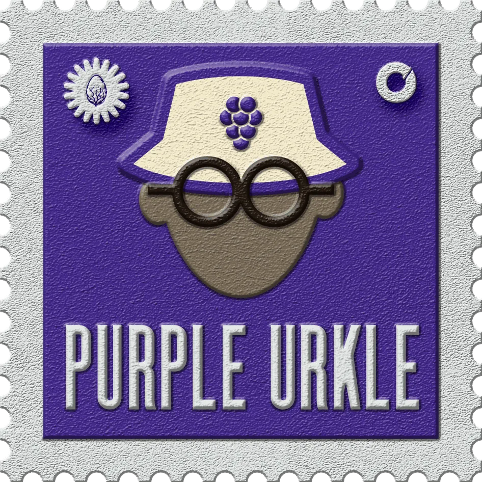 Purple Urkle stamp, No. 03 in the Official Cannabis collection: a face in a bucket hat and round glasses on indigo
